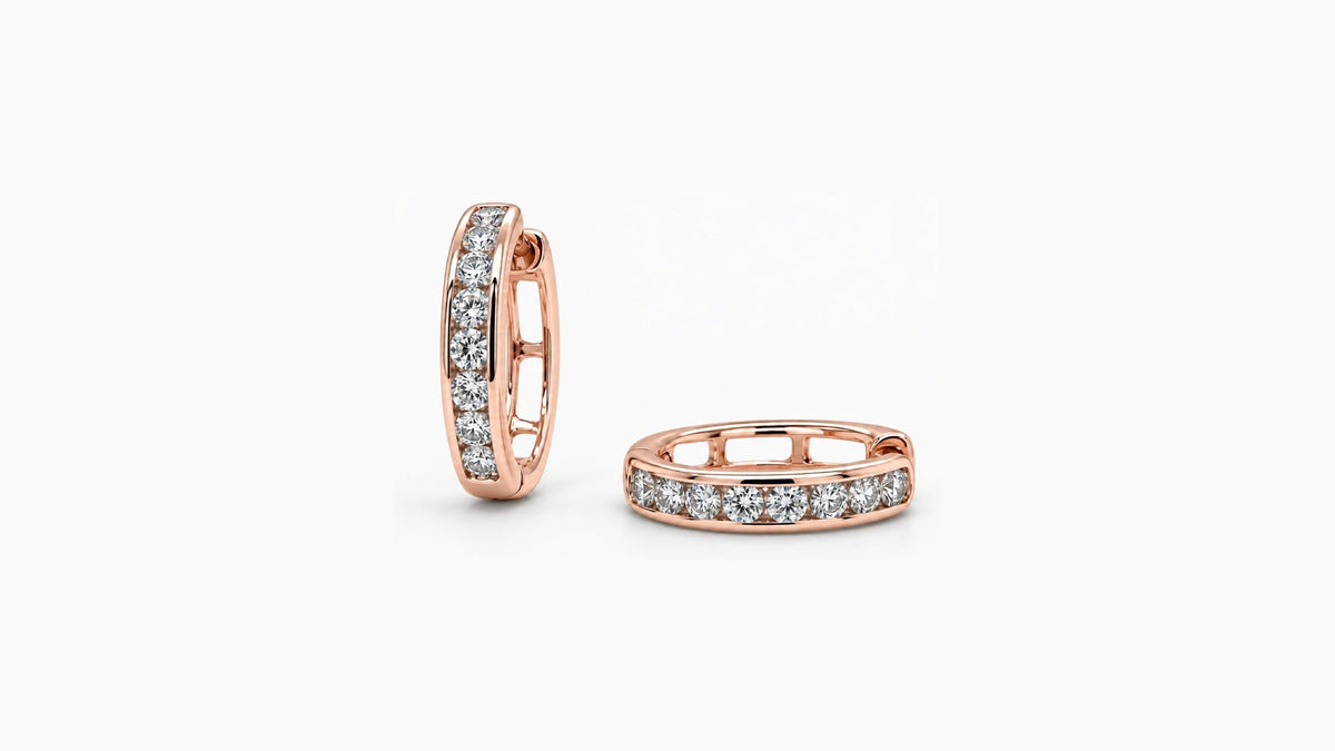 15mm Channel Set Diamond Hoop Earrings in rose gold — upright and side view