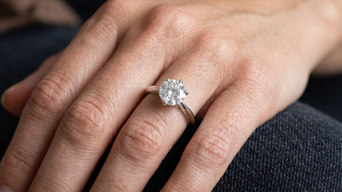 Lab Diamond Solitaire Ring shown on hand — SKU 9268