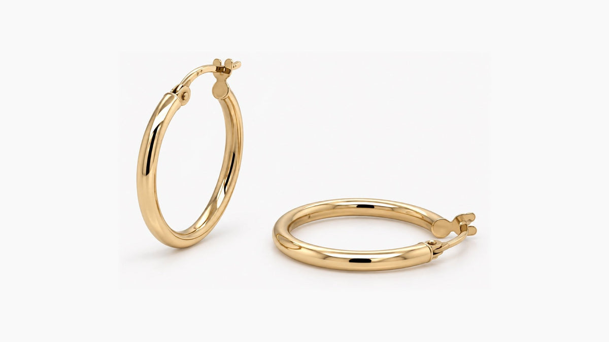 20mm Gold Hoop Earrings (2mm Tube) in yellow gold — upright and side view