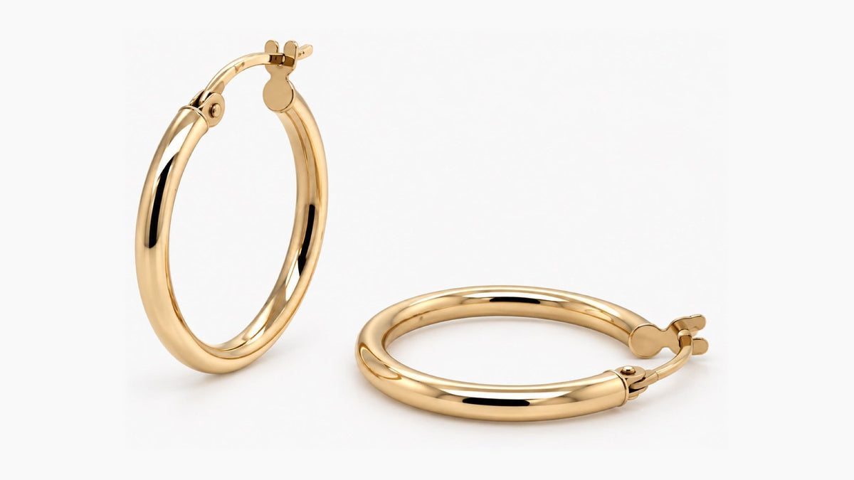 25mm Hollow Gold Hoop Earrings (3mm Tube) in yellow gold — upright and side view