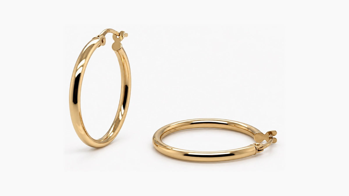 22mm Hollow Gold Hoop Earrings (2mm Tube) in yellow gold — upright and side view
