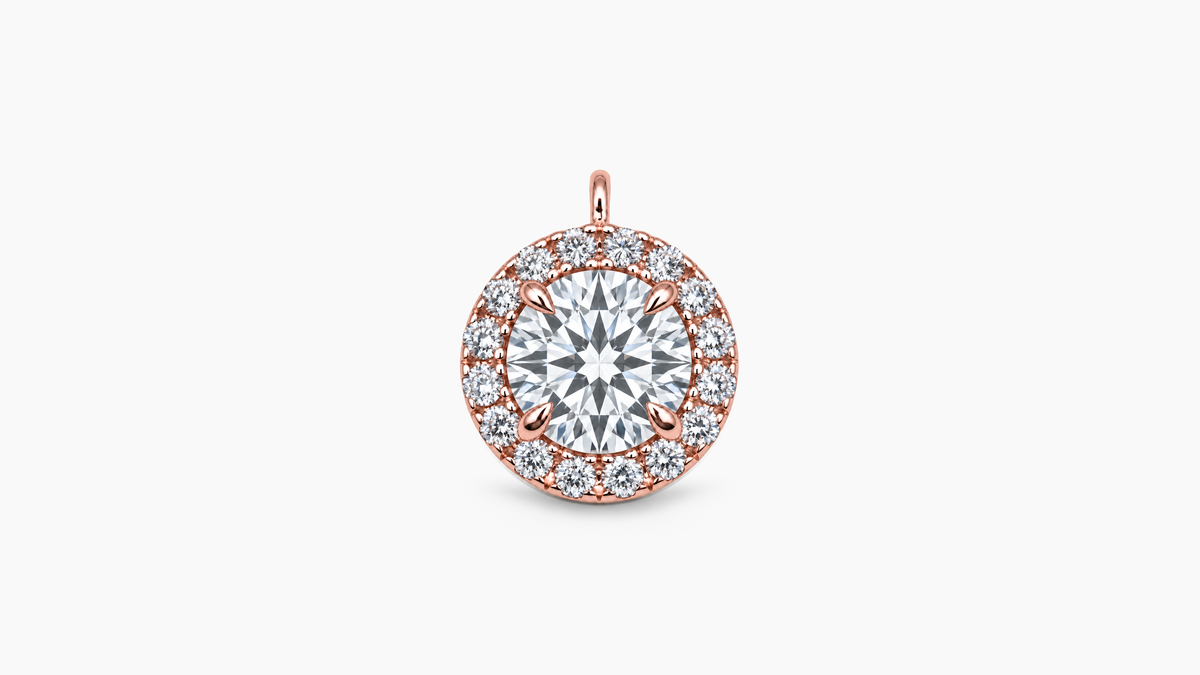 6.6mm lab diamond halo pendant in rose gold — front view