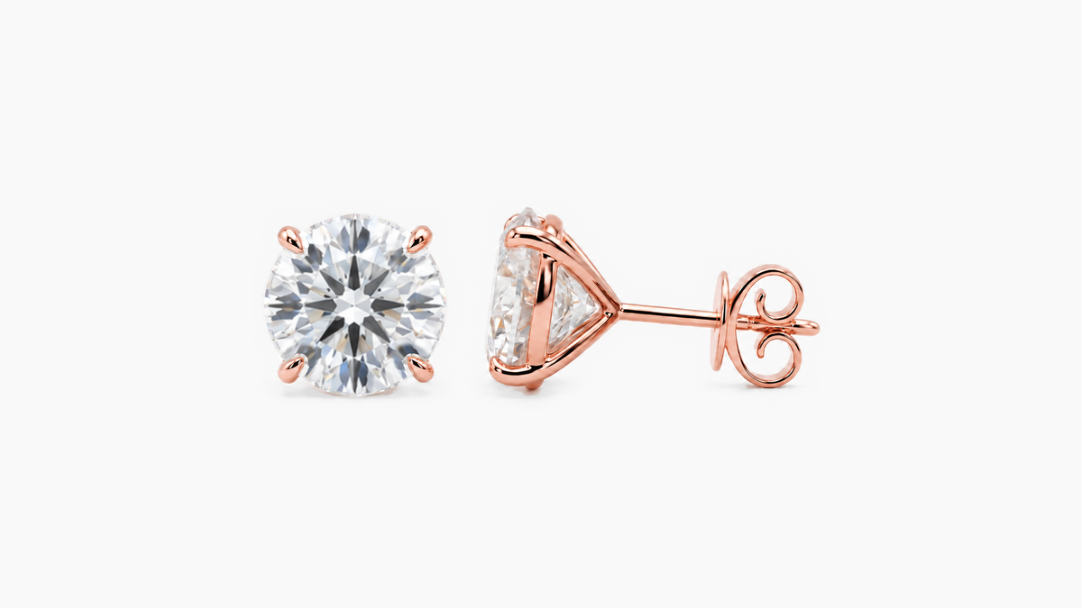 9.5mm Round Lab Diamond Butterfly-Back Studs in rose gold — front and side views