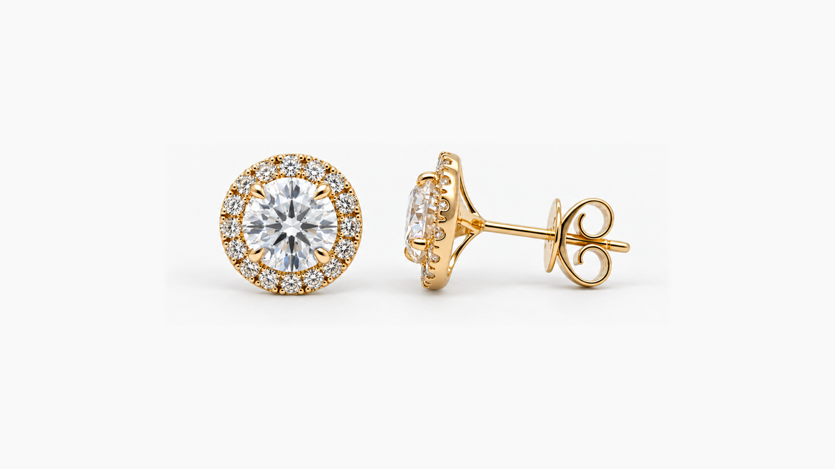 6.5mm Round Cut Lab Diamond Halo Studs in yellow gold