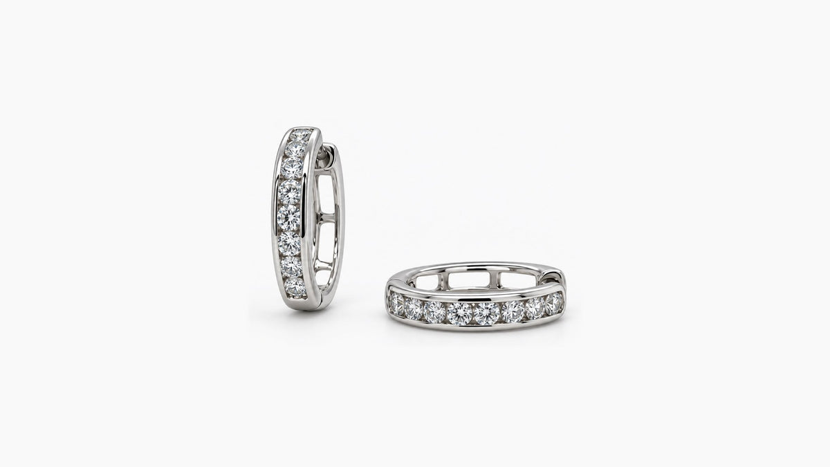 15mm Channel Set Diamond Hoop Earrings in white gold — upright and side view