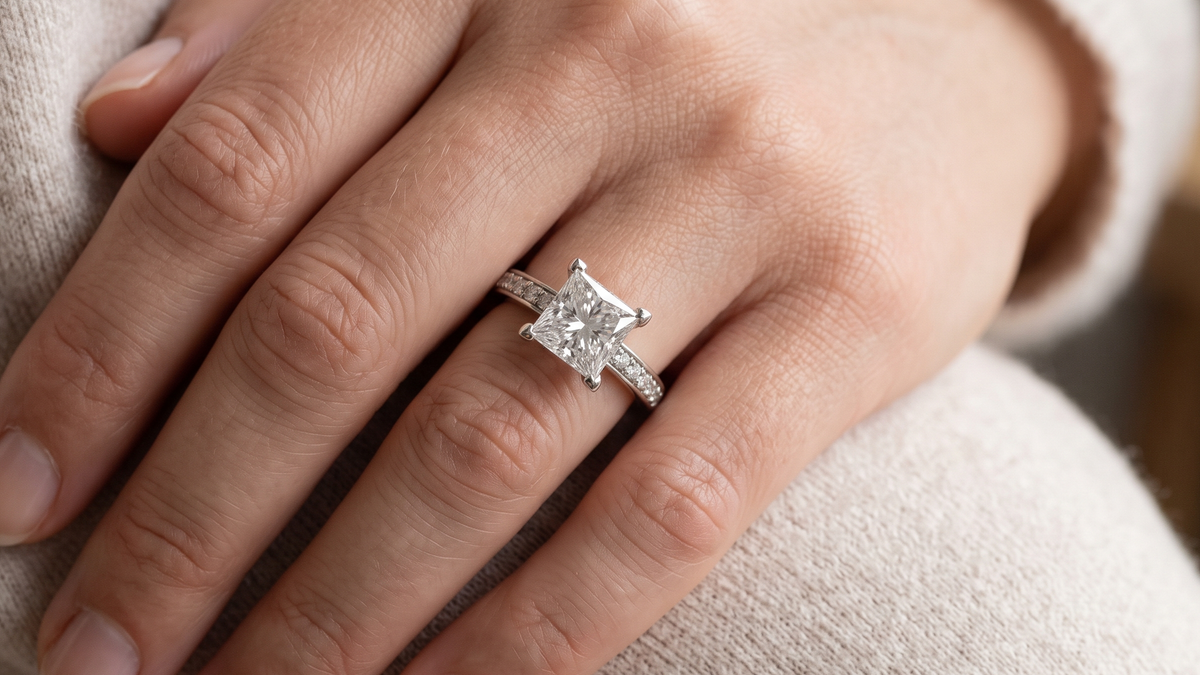 Lab Grown Princess Cut Ring shown on hand — SKU 8930