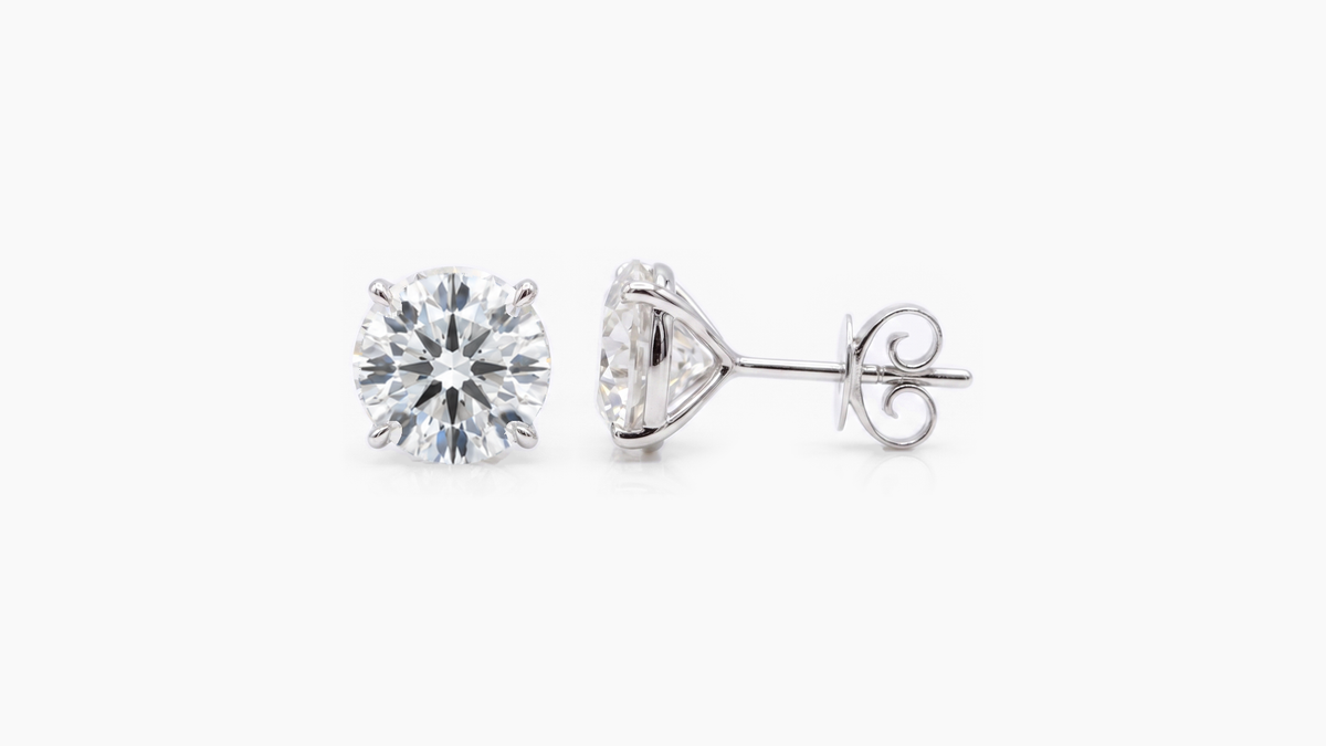 8.5mm Round Lab Diamond Butterfly-Back Studs in white gold — front and side views