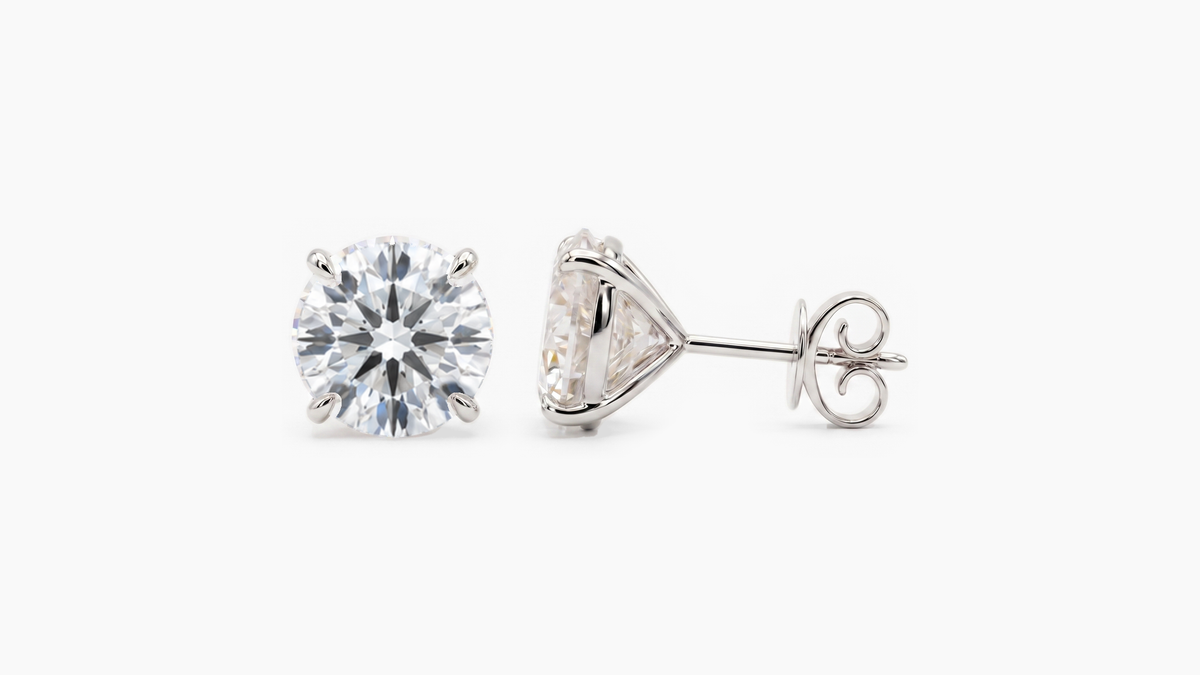 9.5mm Round Lab Diamond Butterfly-Back Studs in white gold — front and side views