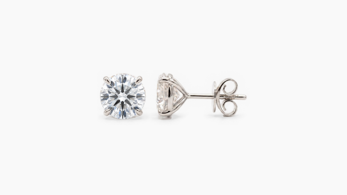 7.5mm Round Lab Diamond Butterfly-Back Studs in white gold — front and side views