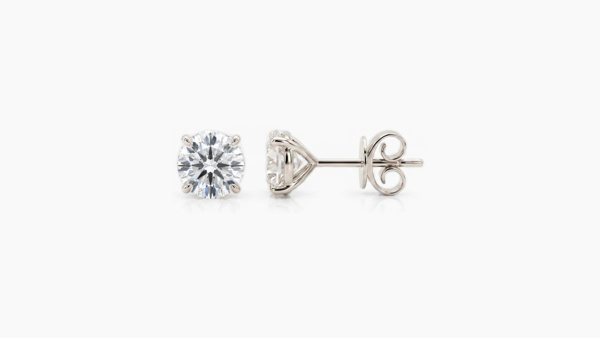 6.5mm Round Lab Diamond Butterfly-Back Studs in white gold — front and side views