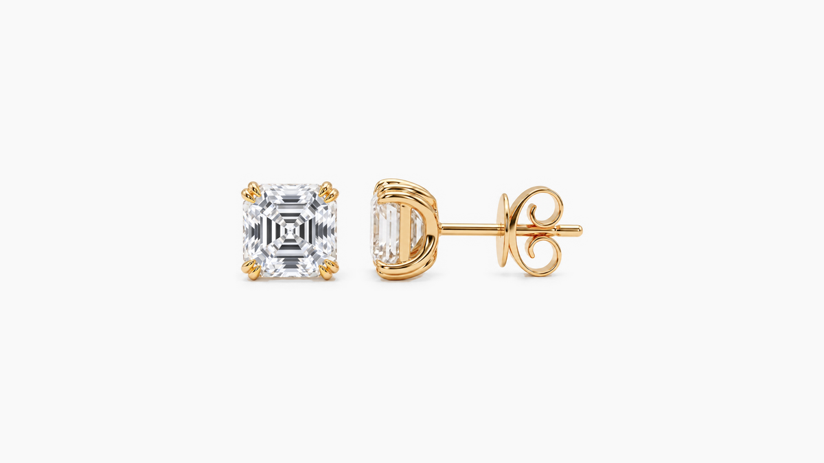 6.5mm Asscher Lab Diamond Butterfly-Back Studs in yellow gold — front and side views