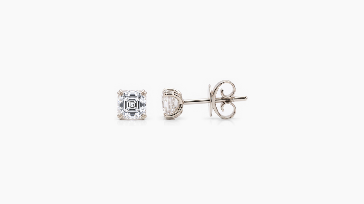 4.5mm Asscher Lab Diamond Butterfly-Back Studs in white gold — front and side views