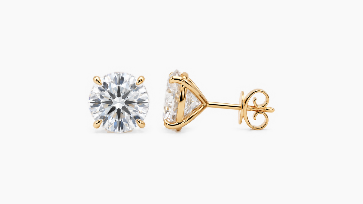 9.5mm Round Lab Diamond Butterfly-Back Studs in yellow gold — front and side views