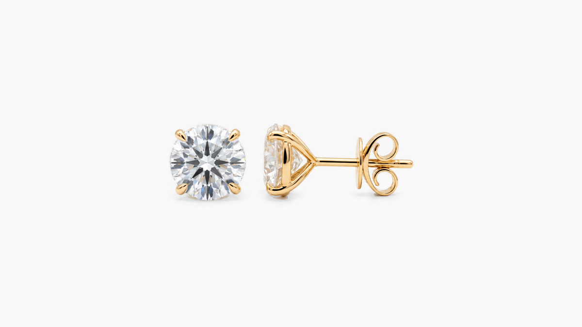 7.5mm Round Lab Diamond Butterfly-Back Studs in yellow gold — front and side views