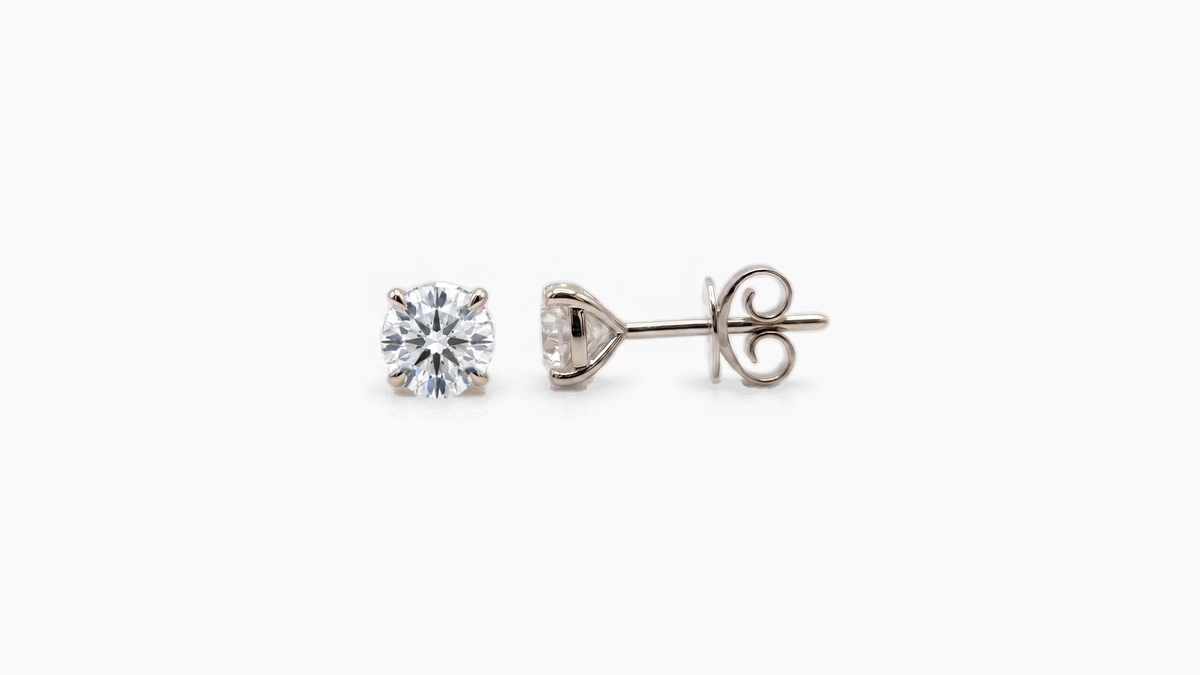 5.5mm Round Lab Diamond Butterfly-Back Studs in white gold — front and side views