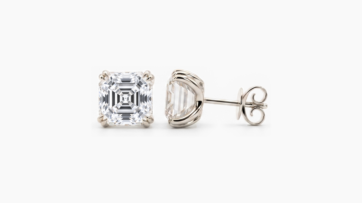 8.5mm Asscher Lab Diamond Butterfly-Back Studs in white gold — front and side views