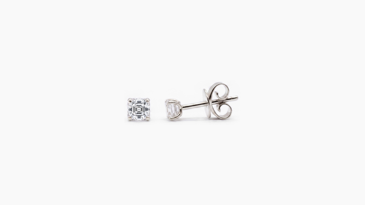 3.5mm Asscher Lab Diamond Butterfly-Back Studs in white gold — front and side views