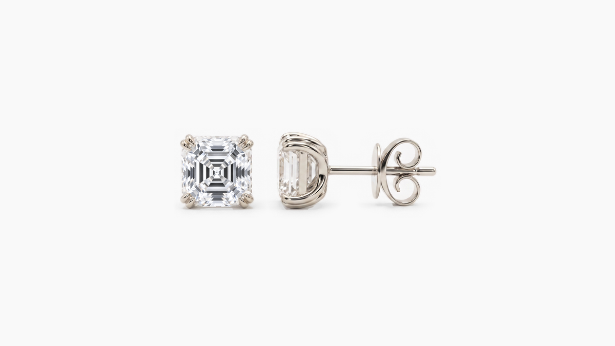 6.5mm Asscher Lab Diamond Butterfly-Back Studs in white gold — front and side views