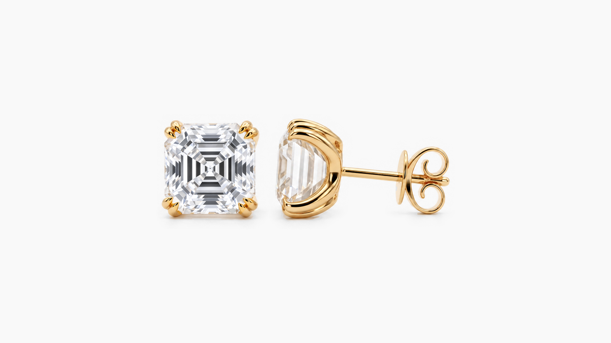 8.5mm Asscher Lab Diamond Butterfly-Back Studs in yellow gold — front and side views