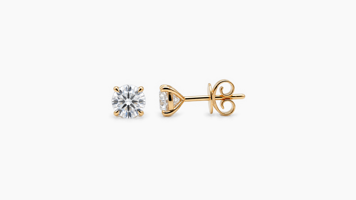 5.5mm Round Lab Diamond Butterfly-Back Studs in yellow gold — front and side views