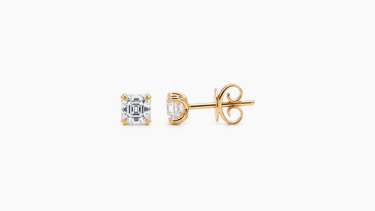 4.5mm Asscher Lab Diamond Butterfly-Back Studs in yellow gold — front and side views