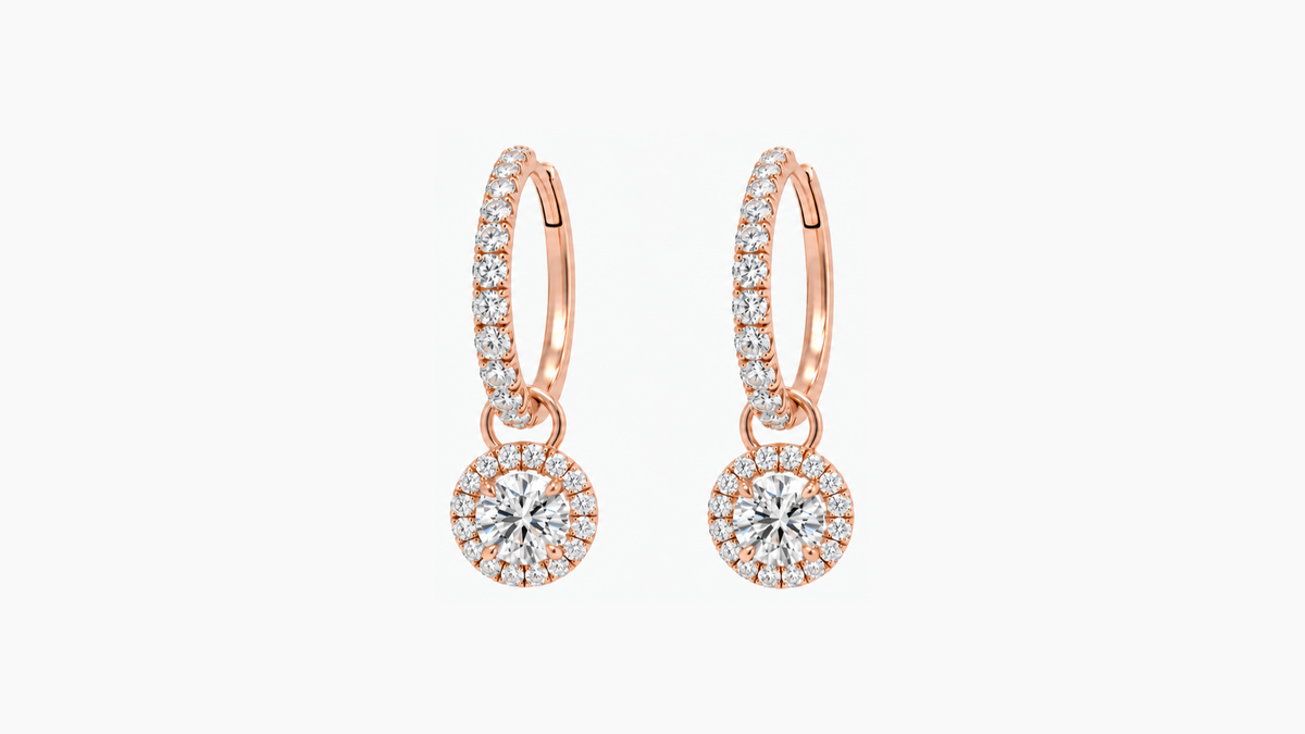 Graduated lab diamond hoop earrings with halo drops in rose gold — pair suspended side by side