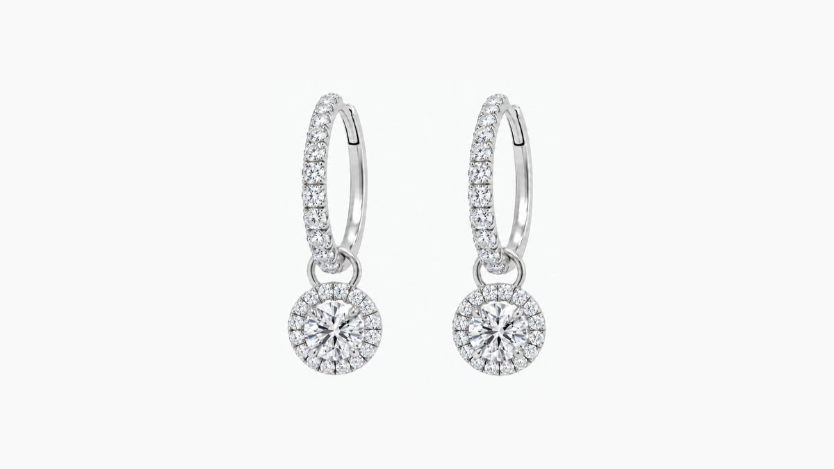 Graduated lab diamond hoop earrings with halo drops in white gold — pair suspended side by side