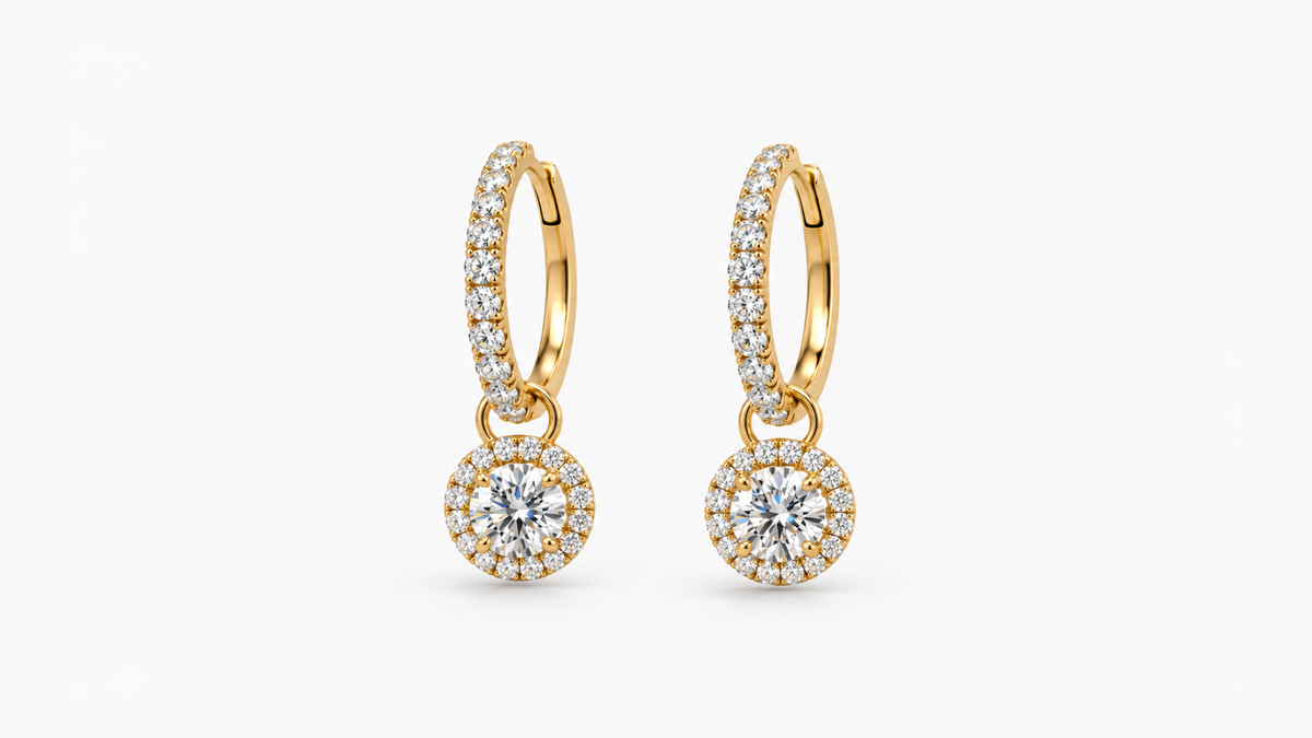 Graduated lab diamond hoop earrings with halo drops in yellow gold — pair suspended side by side