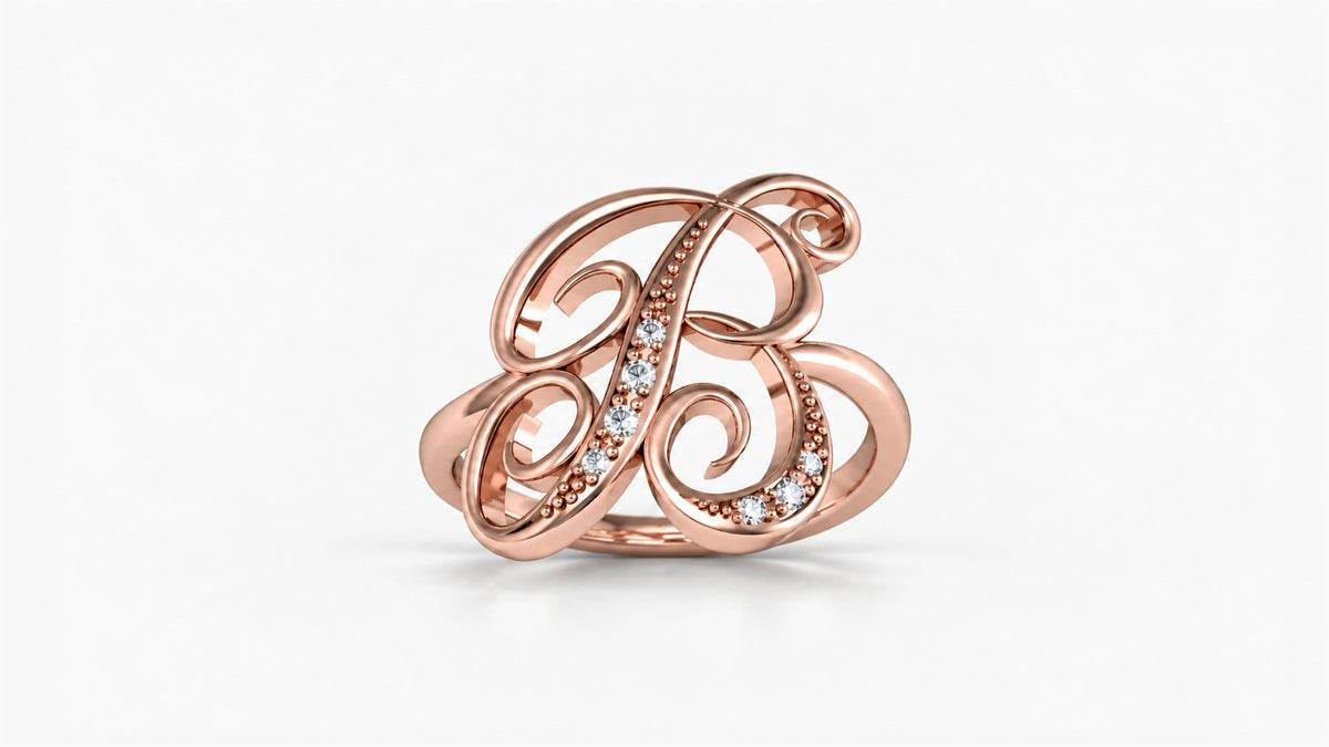 B diamond initial ring in polished rose gold, front view