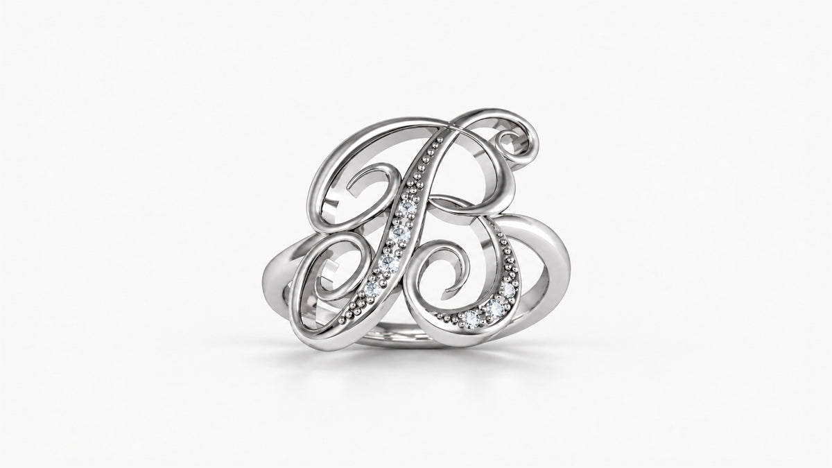 B diamond initial ring in polished white gold, front view