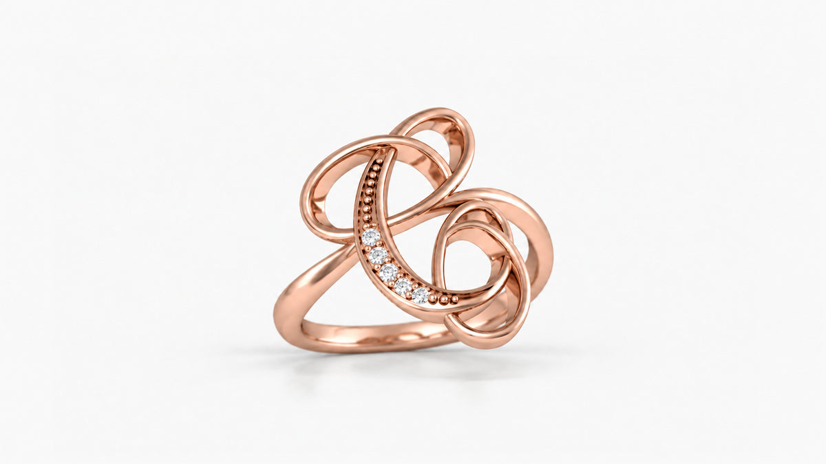 C diamond initial ring in polished rose gold, front view