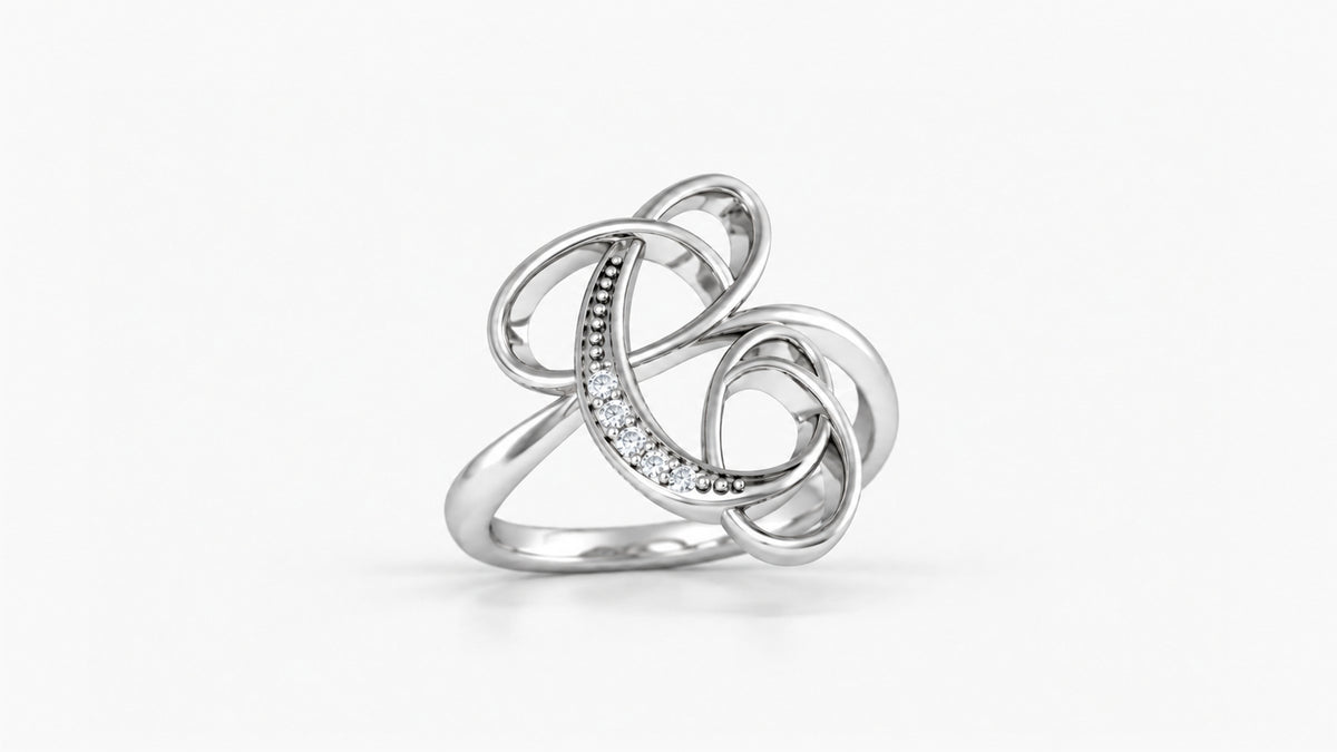 C diamond initial ring in polished white gold, front view
