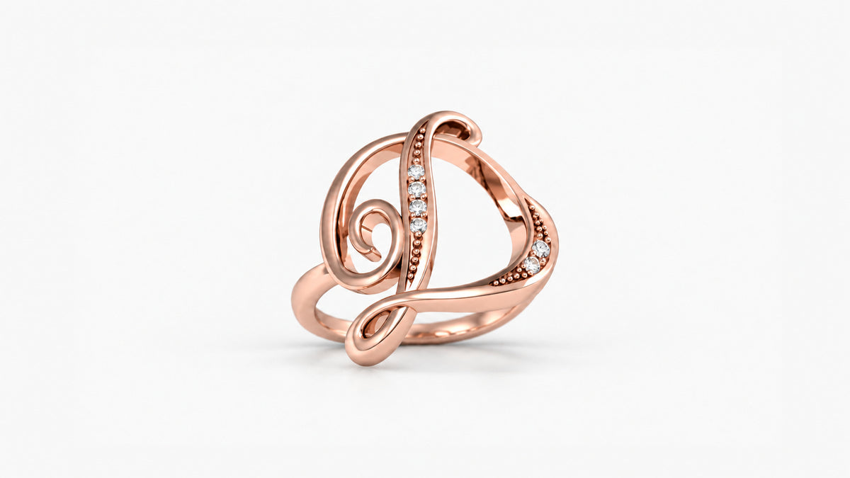 D diamond initial ring in polished rose gold, front view