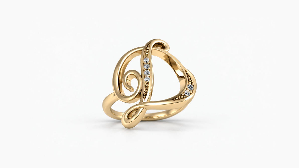 D diamond initial ring in polished yellow gold, front view