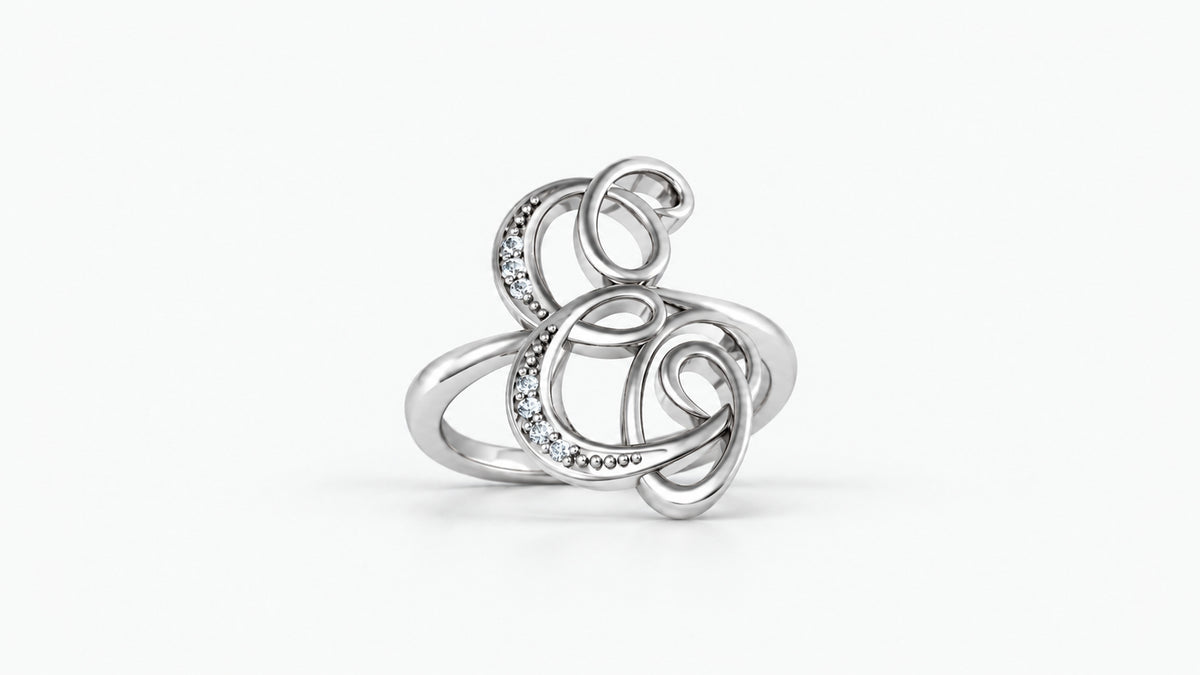 E diamond initial ring in polished white gold, front view