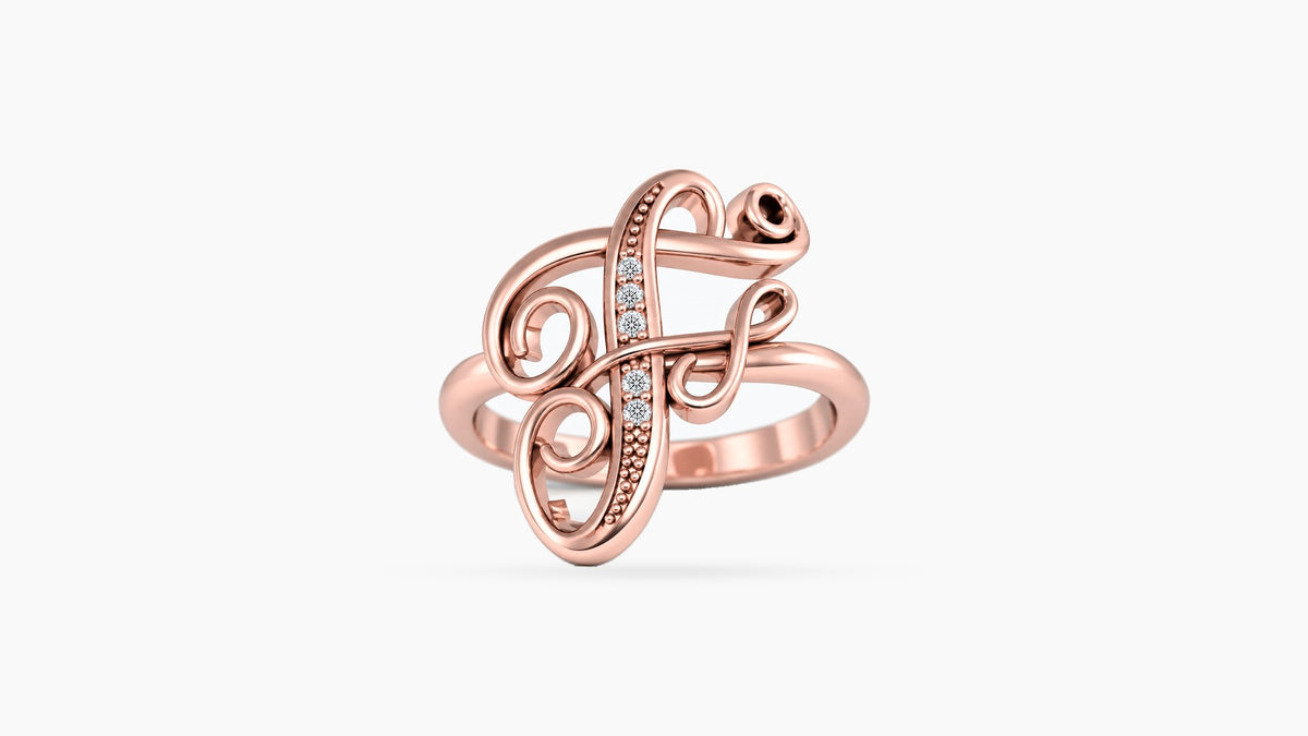 F diamond initial ring in polished rose gold, front view