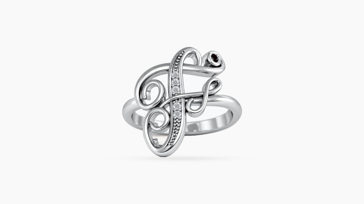 F diamond initial ring in polished white gold, front view