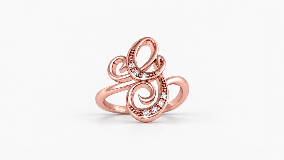 G diamond initial ring in polished rose gold, front view