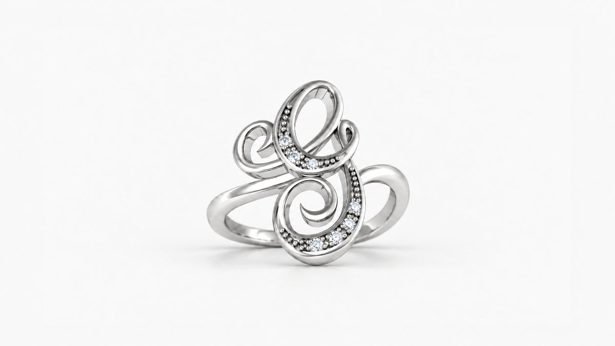 G diamond initial ring in polished white gold, front view