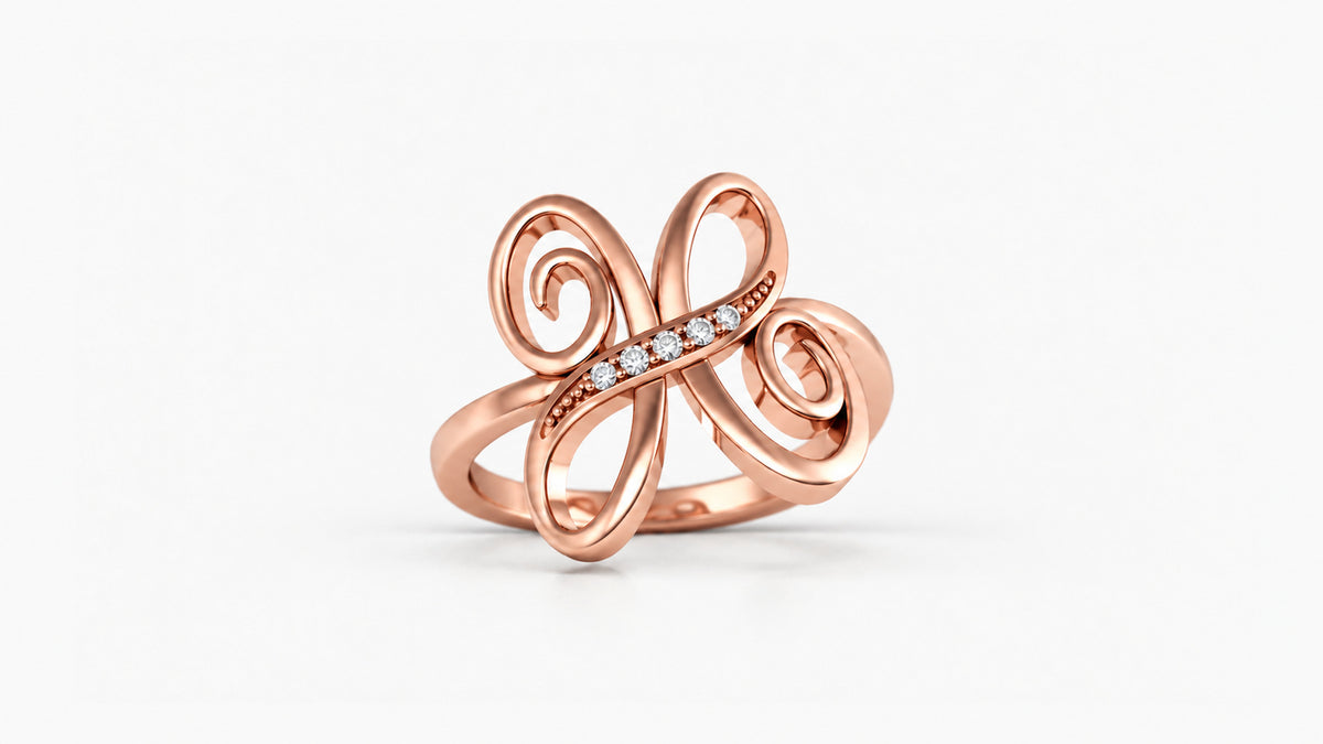 H diamond initial ring in polished rose gold, front view