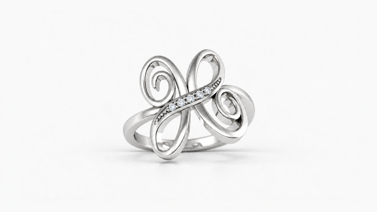 H diamond initial ring in polished white gold, front view