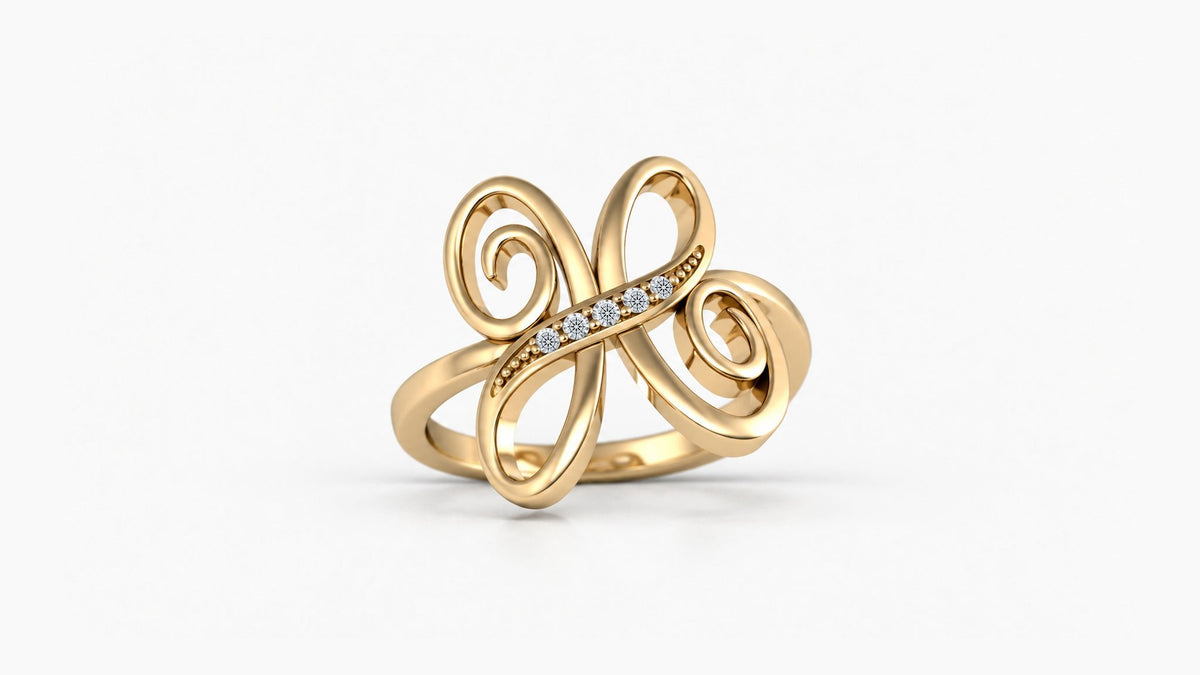 H diamond initial ring in polished yellow gold, front view