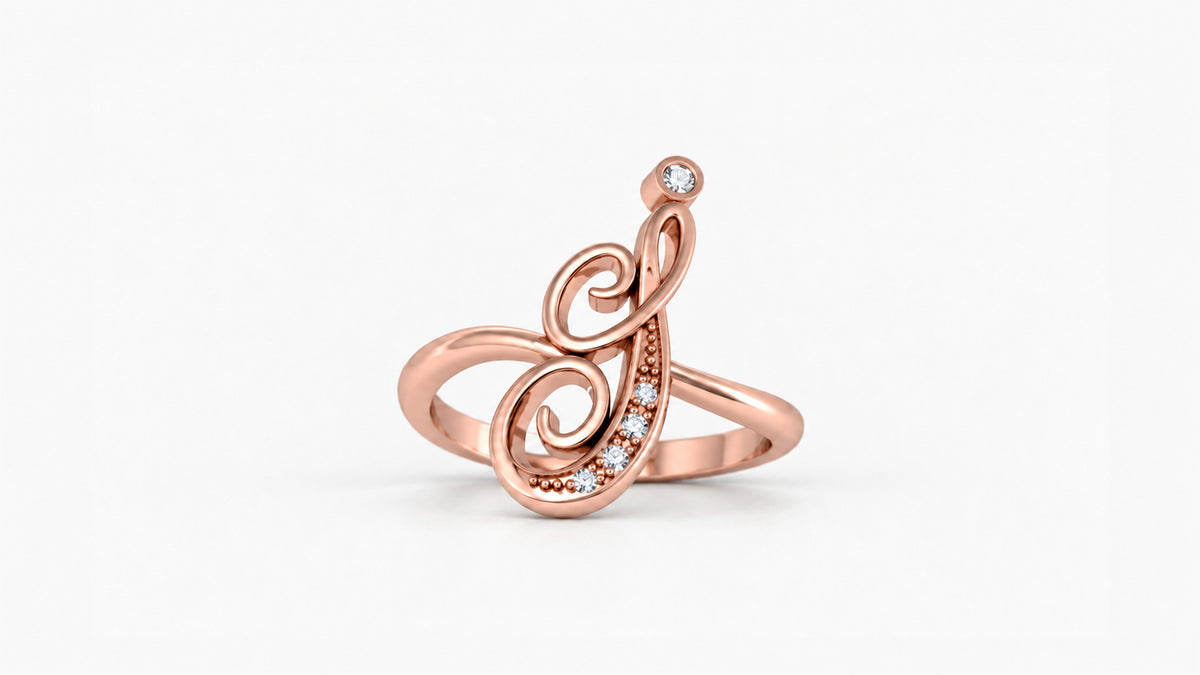 I diamond initial ring in polished rose gold, front view