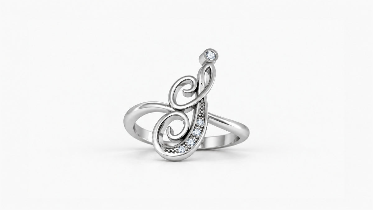 I diamond initial ring in polished white gold, front view