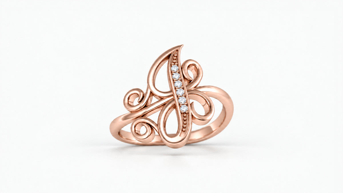 J diamond initial ring in polished rose gold, front view