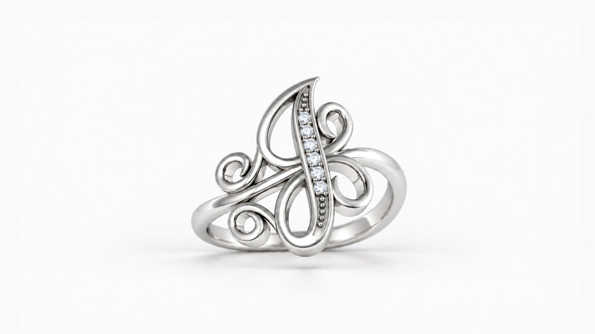 J diamond initial ring in polished white gold, front view