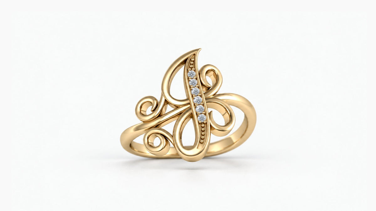 J diamond initial ring in polished yellow gold, front view