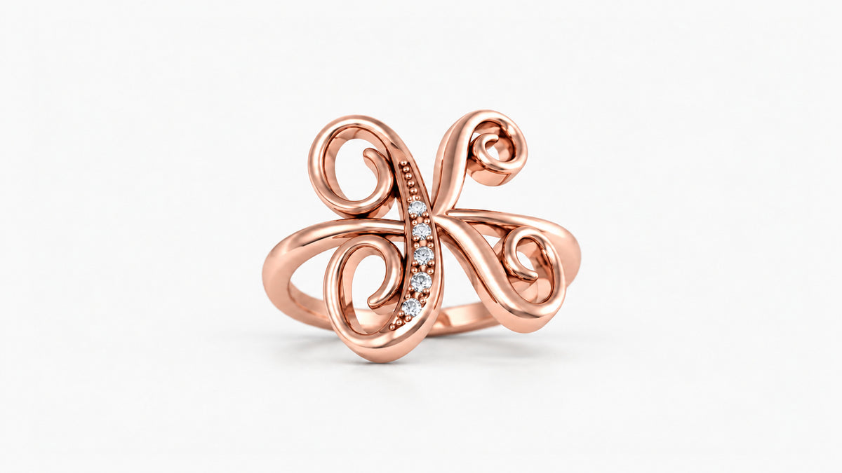 K diamond initial ring in polished rose gold, front view