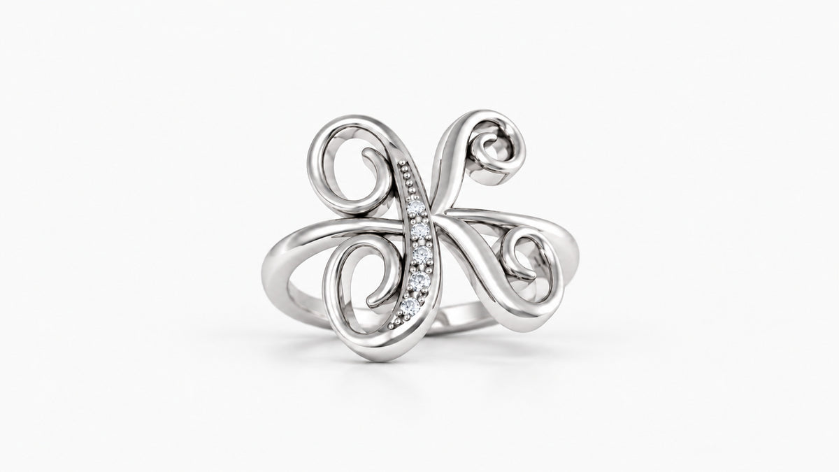 K diamond initial ring in polished white gold, front view