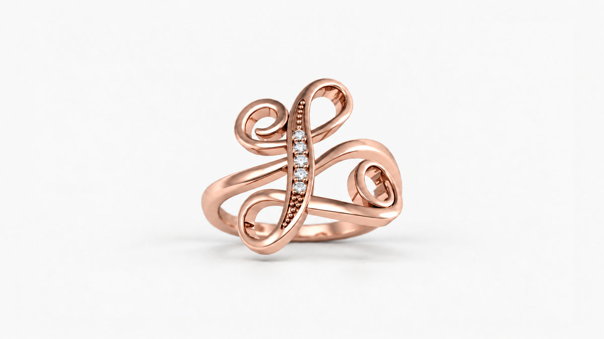 L diamond initial ring in polished rose gold, front view
